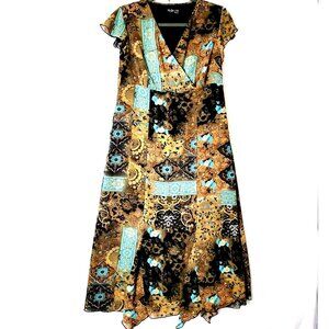 Style & Co Midi Dress Womens Sz 12P Empire Waist V-Neck Black Turquoise BoHo